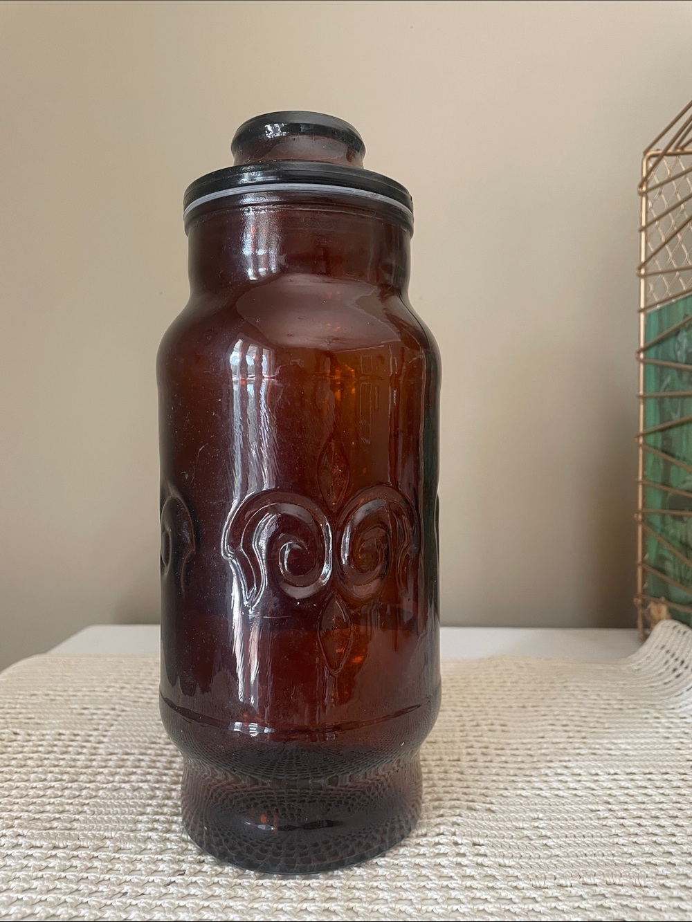 Amber Glass Canister Jar with Decorative Scroll Design -70’s